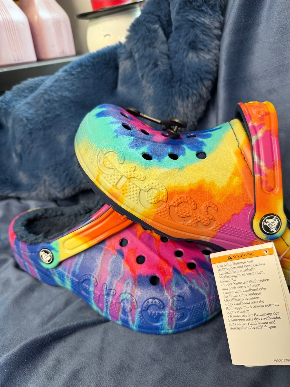 CROCS Tie-Dye Faux Fur Lined Clogs - Yellow Blue Pink Orange